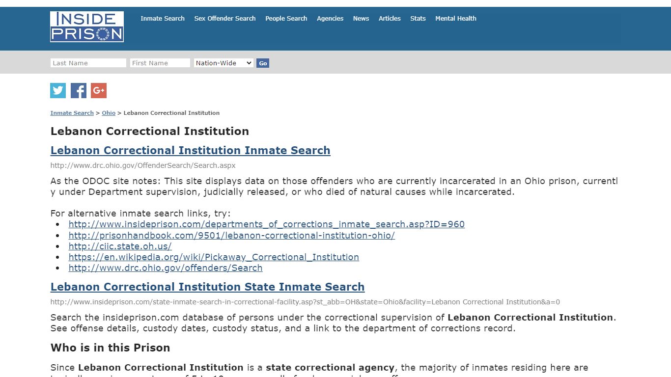 Lebanon Correctional Institution - Ohio - Inmate Search